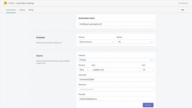 Configurações de Automação de Cumprimento - Conexão FTP