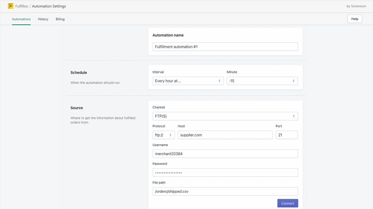 Fulfillment Automation Settings - FTP Connection