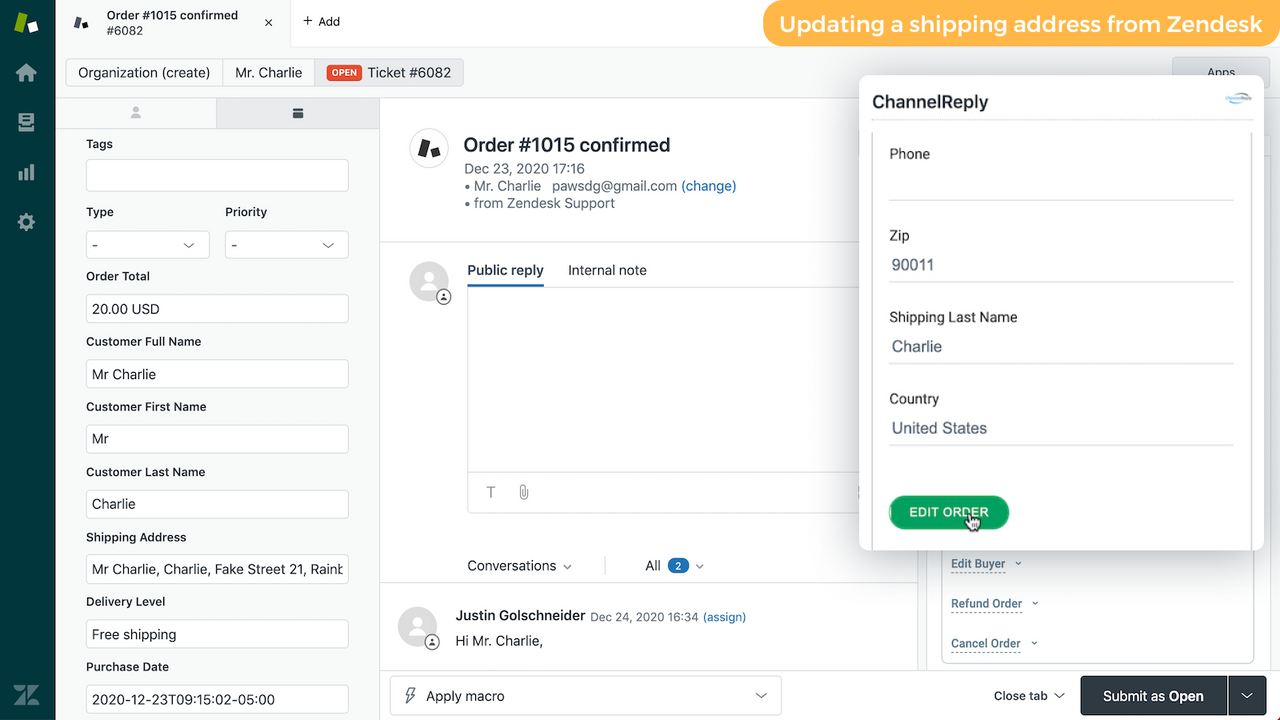 Modification de l'adresse de livraison Shopify depuis Zendesk