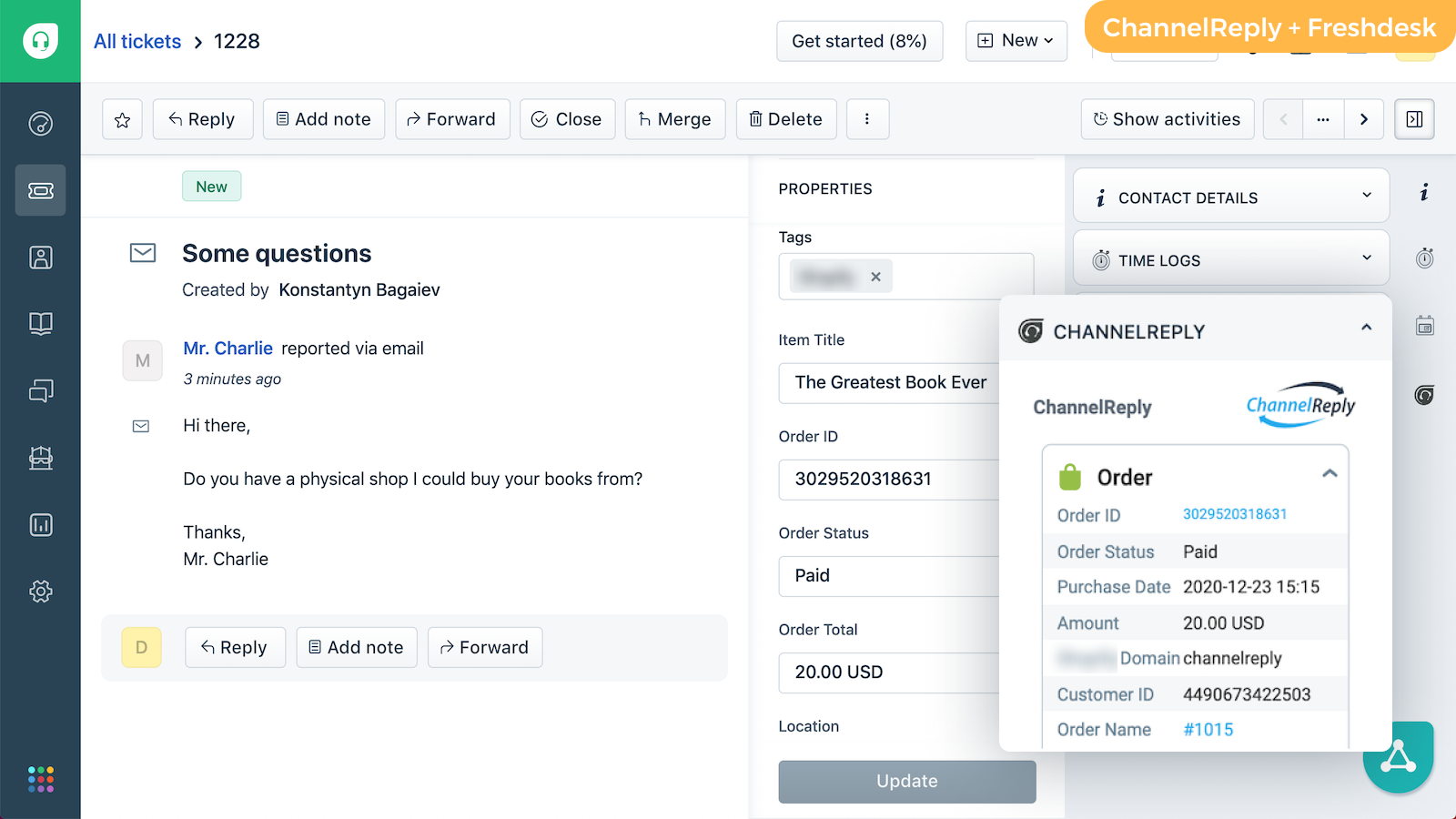 Shopify-Nachrichten in Freshdesk mit ChannelReply