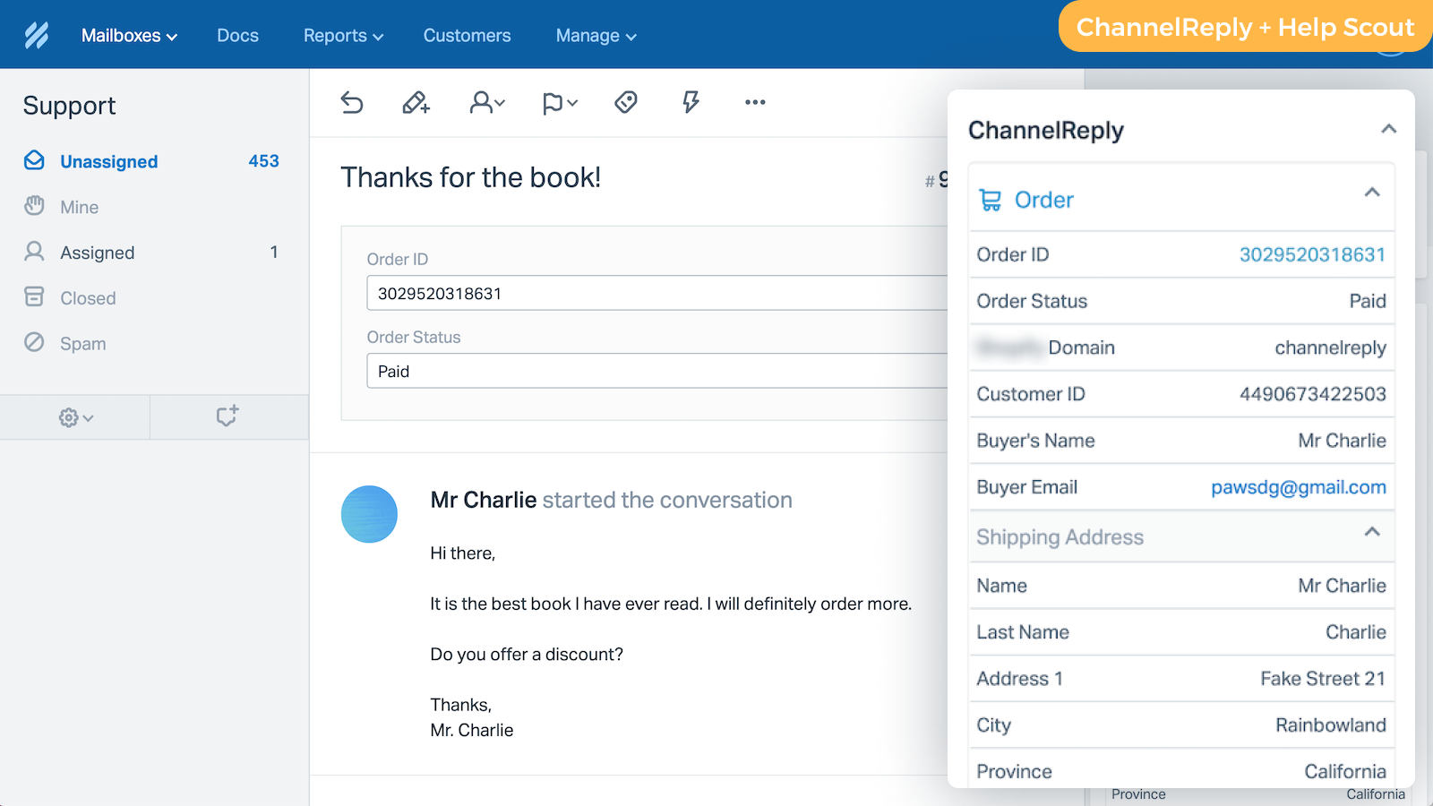 ChannelReply visar Shopify-data i Help Scout