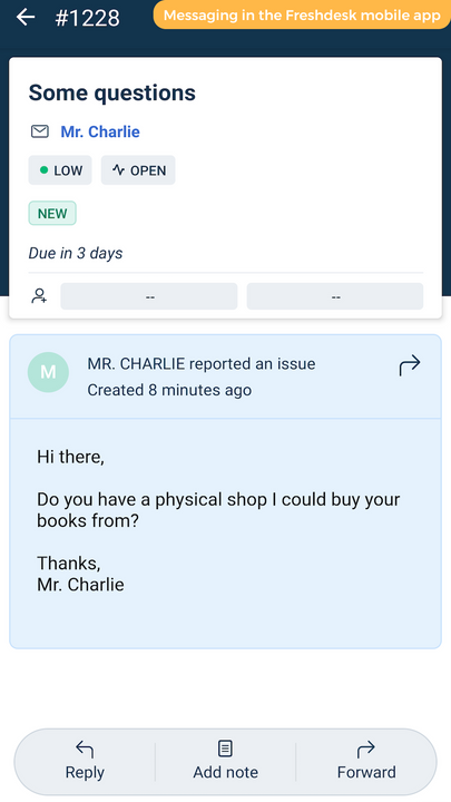 Un mensaje de Shopify de ChannelReply en la aplicación móvil Freshdesk