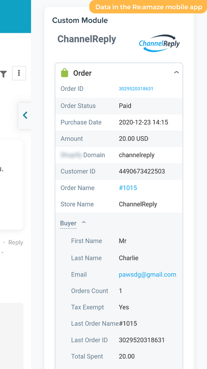 Shopify data in ChannelReply in de Re:amaze mobiele app