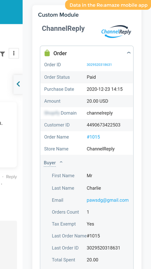 Shopify data in ChannelReply in the Re:amaze mobile app