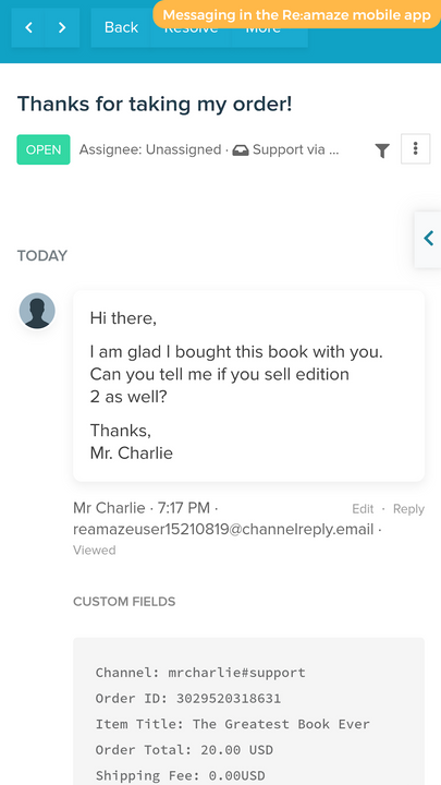 A Shopify message via ChannelReply in the Re:amaze mobile app