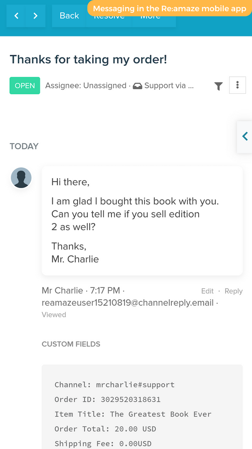 Ett Shopify-meddelande via ChannelReply i Re:amaze mobilapp