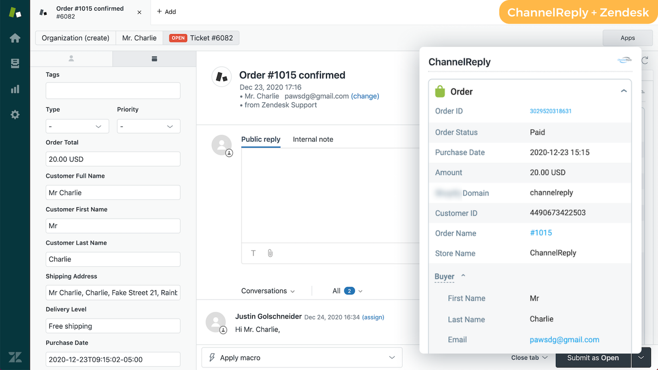 Shopify messaging in Zendesk with ChannelReply