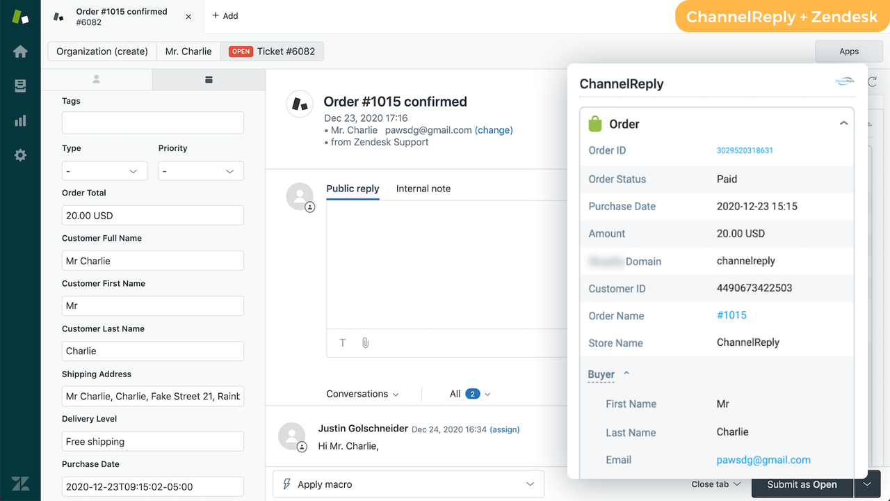 Shopify beskeder i Zendesk med ChannelReply