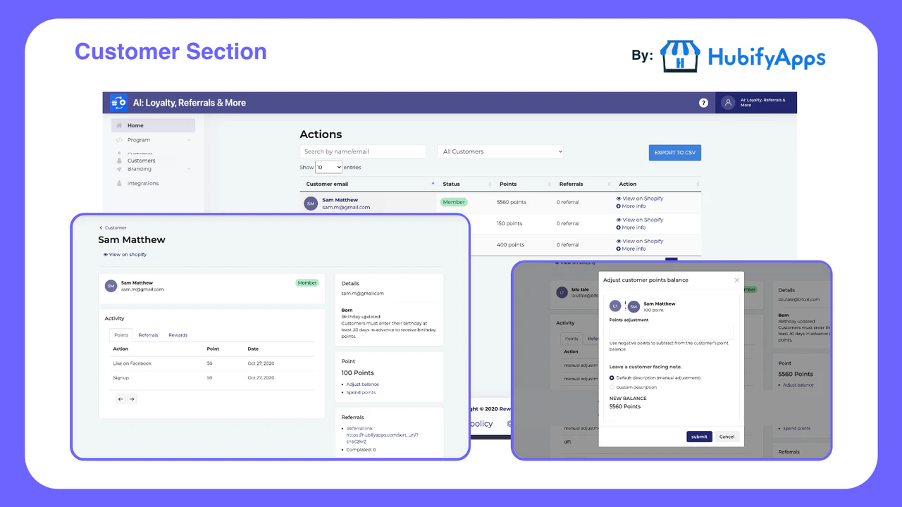 Section client pour voir toutes les activités et le solde des points de récompense.