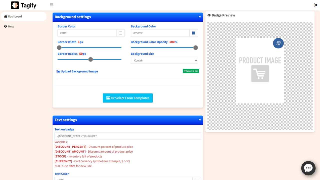 Configuraciones de fondo y texto de la insignia.