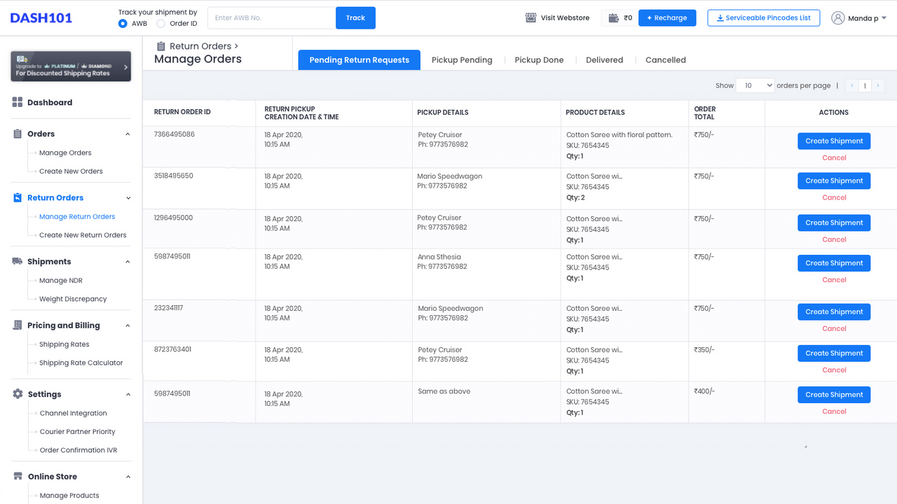 Manage Return Orders