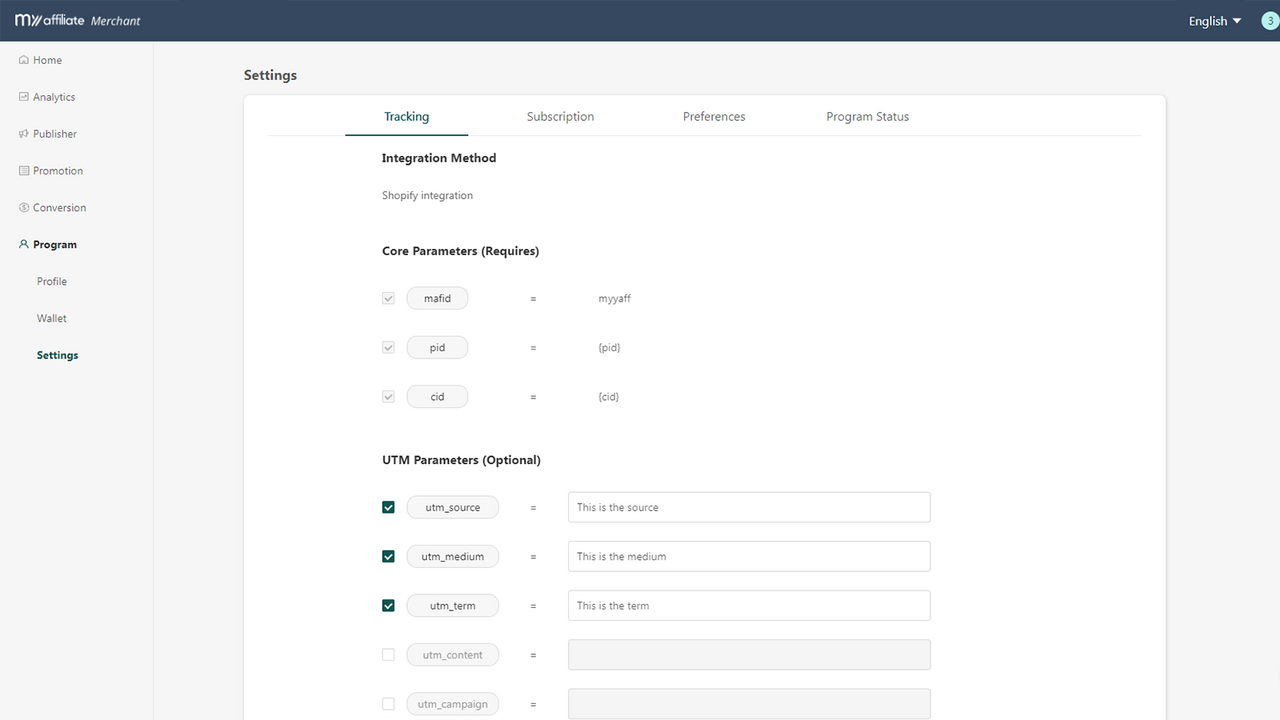 benutzerdefiniert, Tracking, Parameter