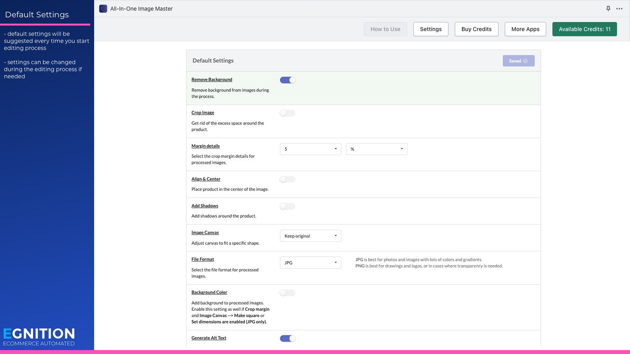 Configuraciones de la aplicación para la eliminación de fondo, redimensionamiento, recorte, centrado.