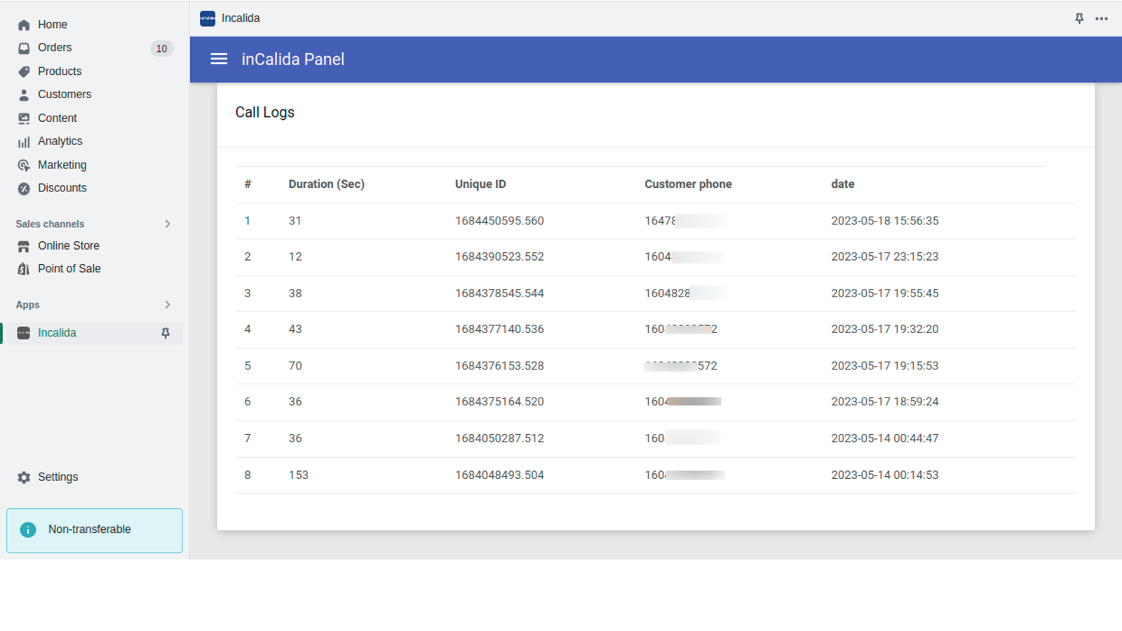 inCalida Call Logs