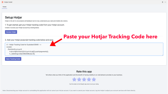 Collez votre code de suivi de Hotjar.com