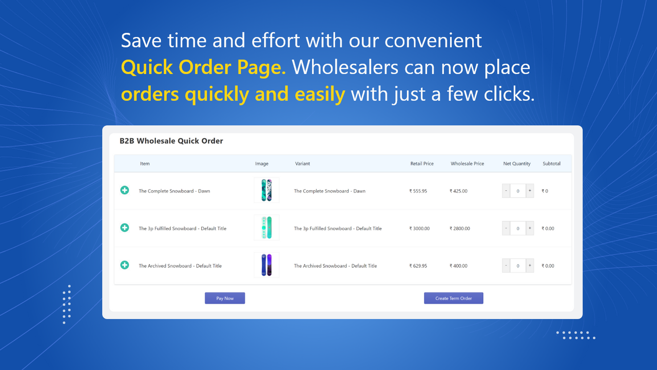 Quick order page for wholesalers