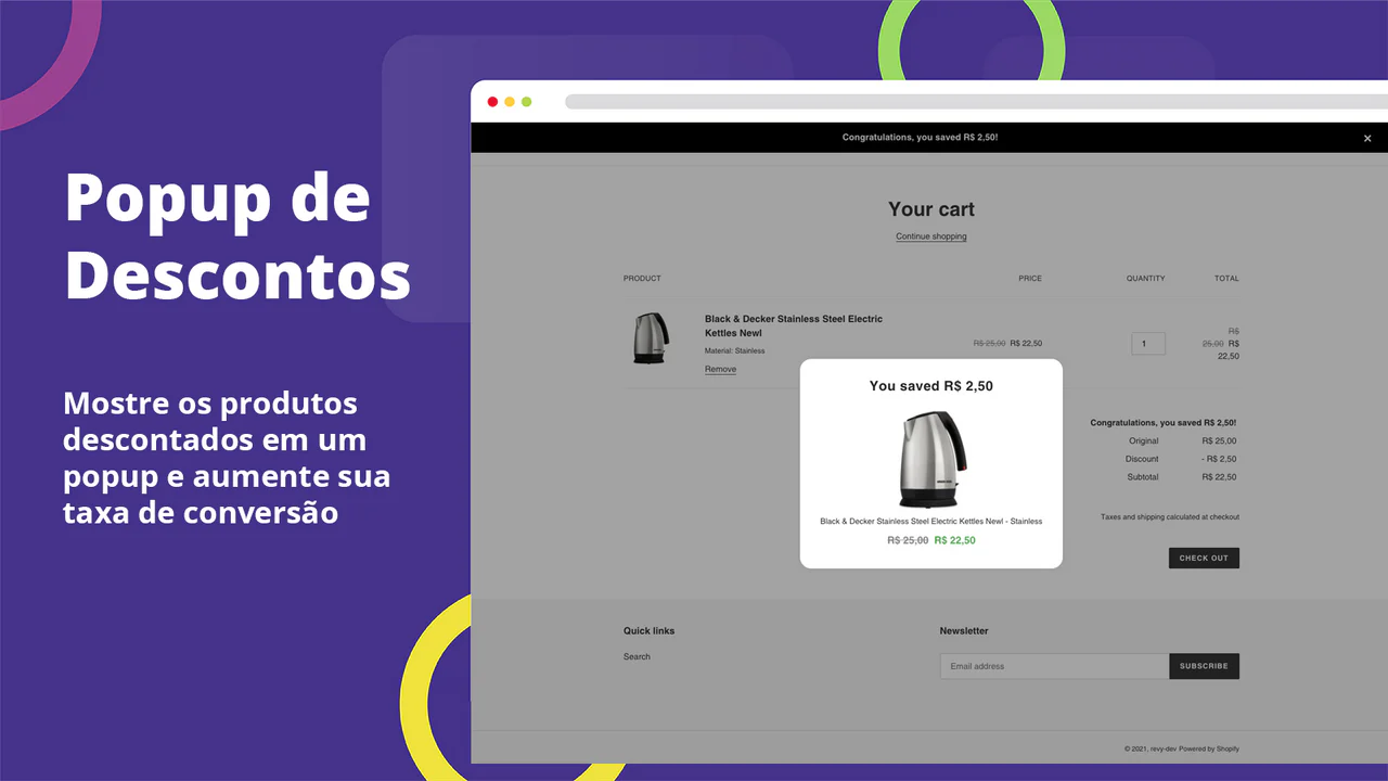 Mostre um popup de descontos e ofertas na página do carrinho