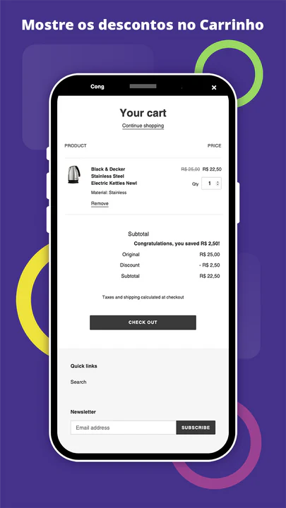 Mostre descontos na página do carrinho no seu dispositivo mobile