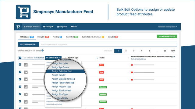 Opciones de Edición Masiva para asignar o actualizar atributos de feed de productos