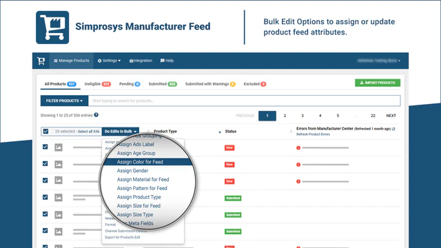 Bulk redigeringsmuligheder for at tildele eller opdatere produktfeed attributter