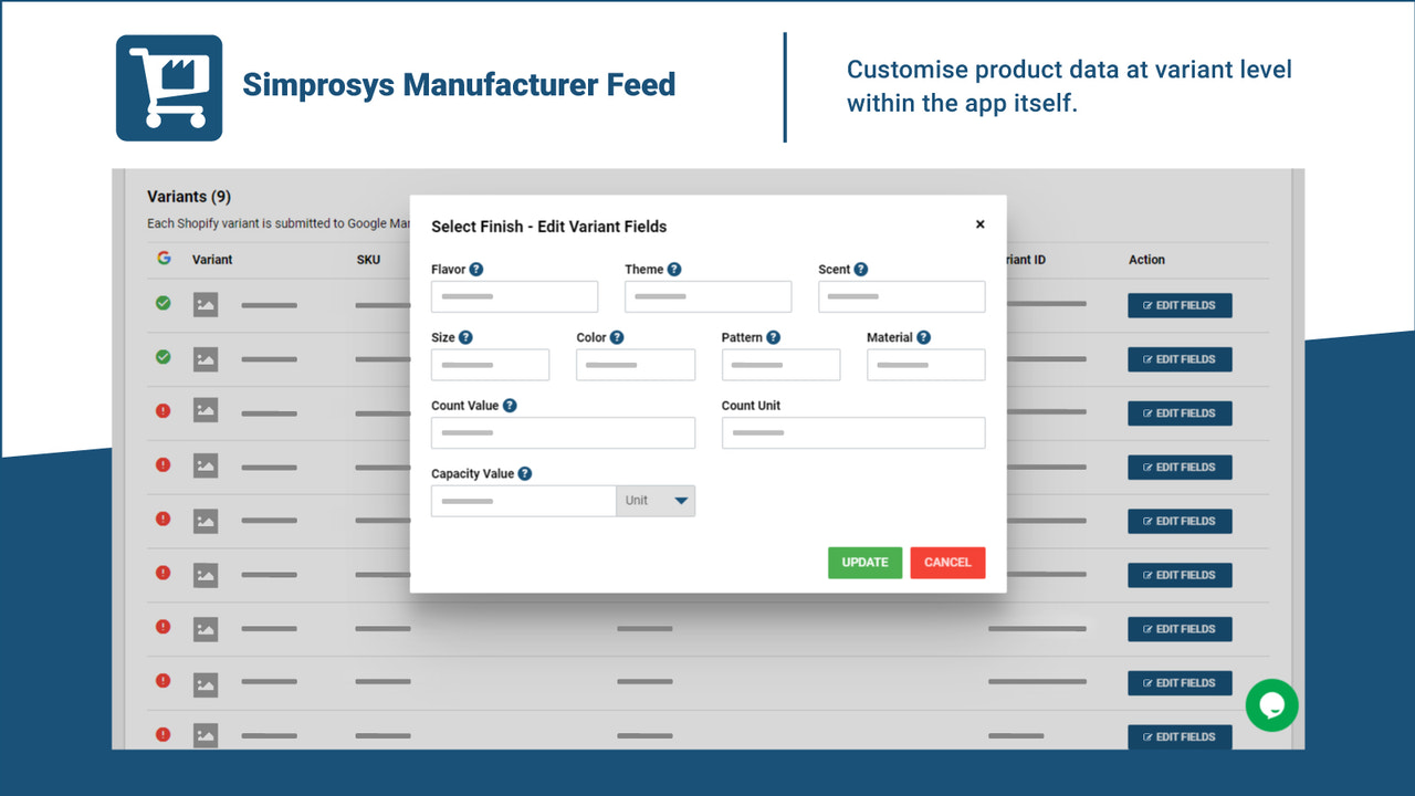 Personaliza los datos del producto a nivel de variante dentro de la aplicación misma.