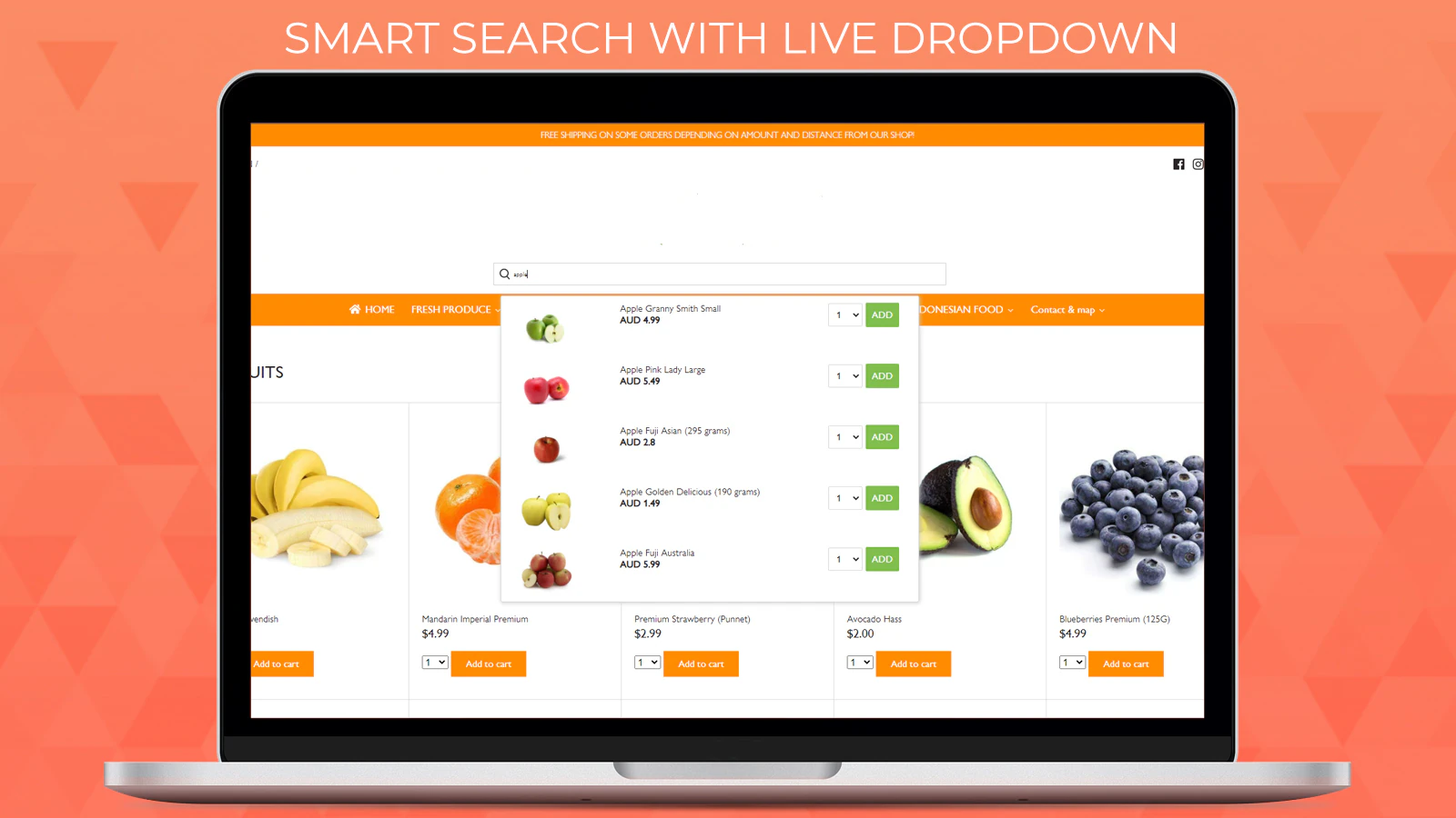 menu déroulant de recherche en direct avec fonctionnalité d'ajout au panier sur growersstore