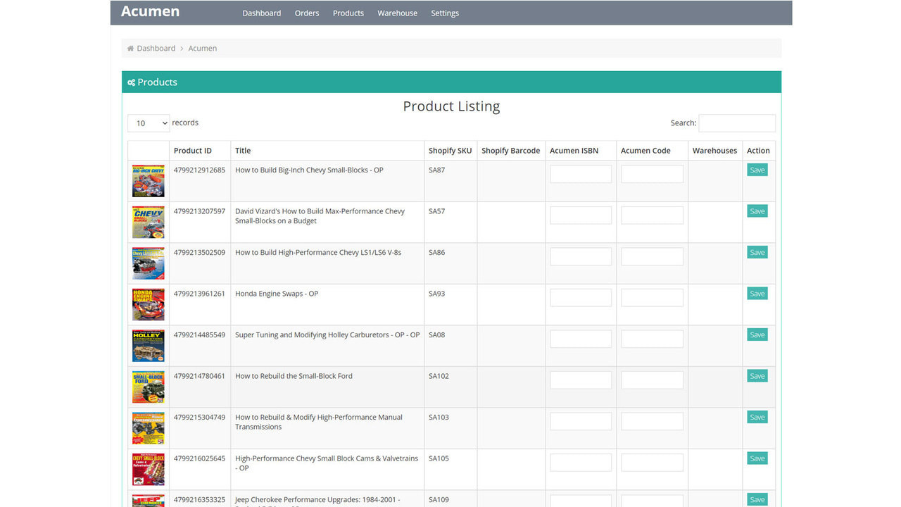 Products listing