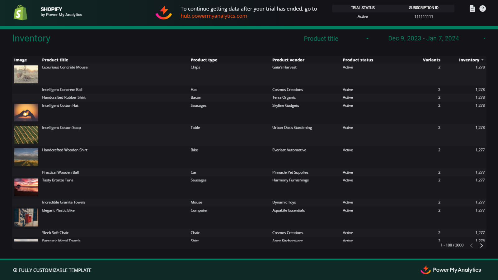 La page d'inventaire du modèle Shopify de Power My Analytics.