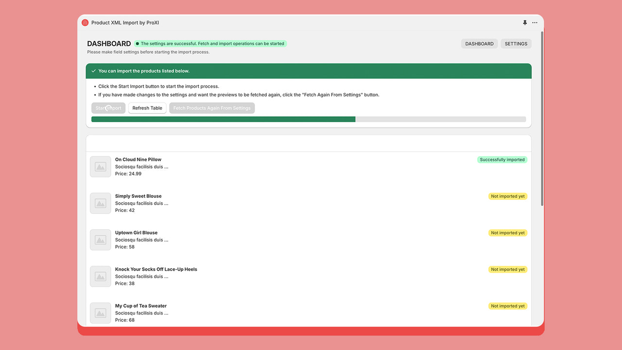 Page du tableau de bord : Importation de produits XML, importez votre magasin en utilisant XML