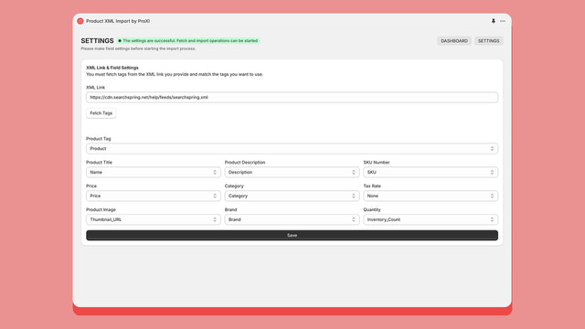 Page des paramètres : XML, importation de produits, importateur, flux XML et plus encore