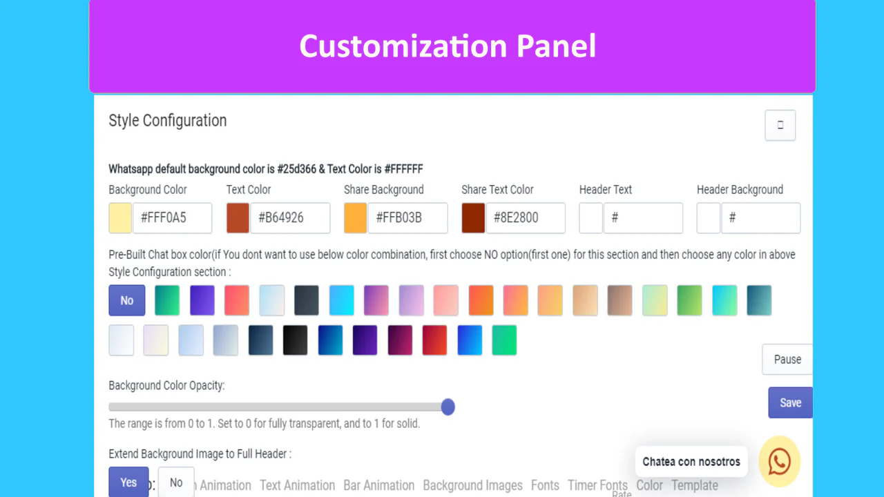 Customization panel