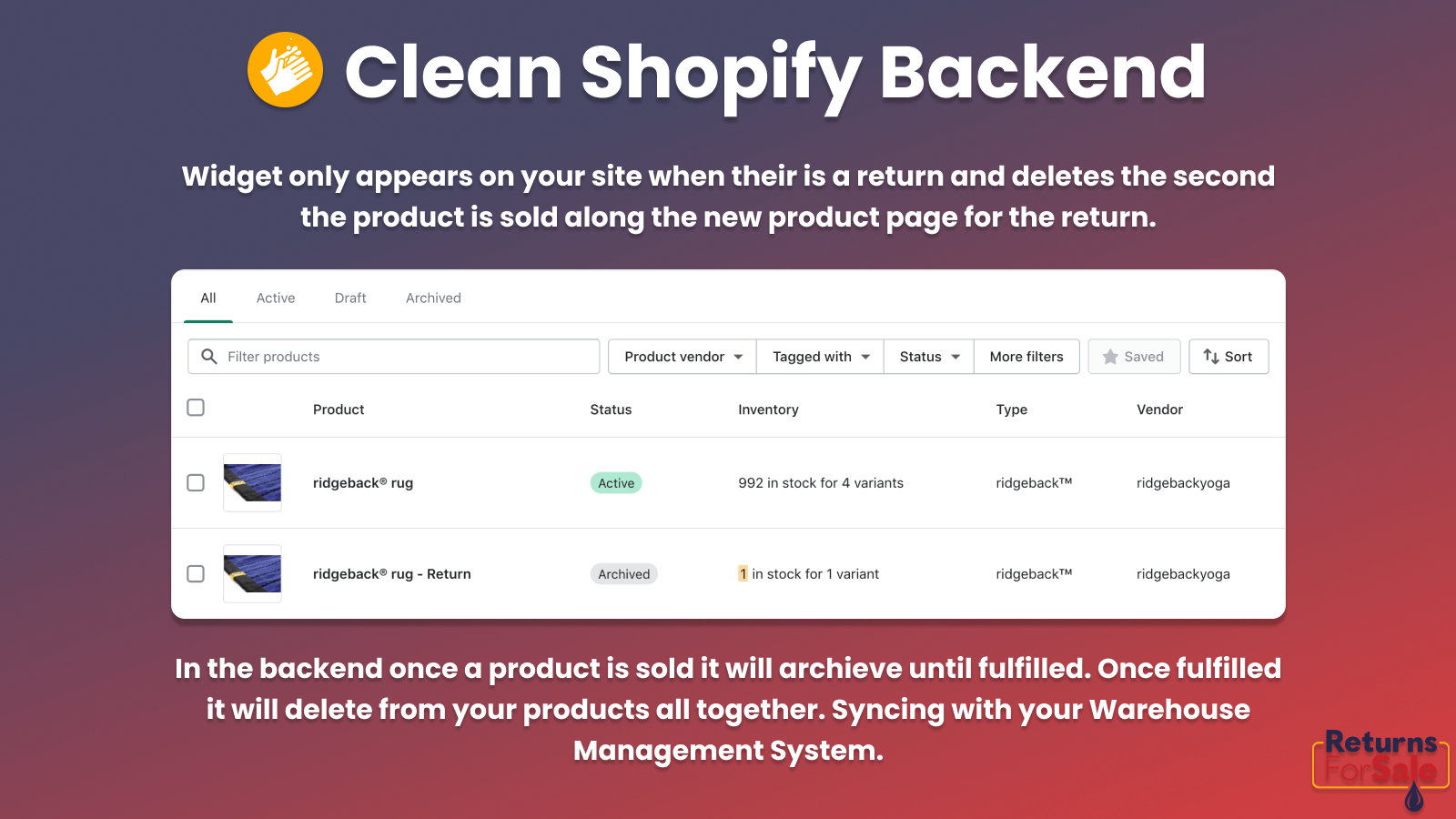 Product deletes from Shopify.  Clean and built for Shopify.