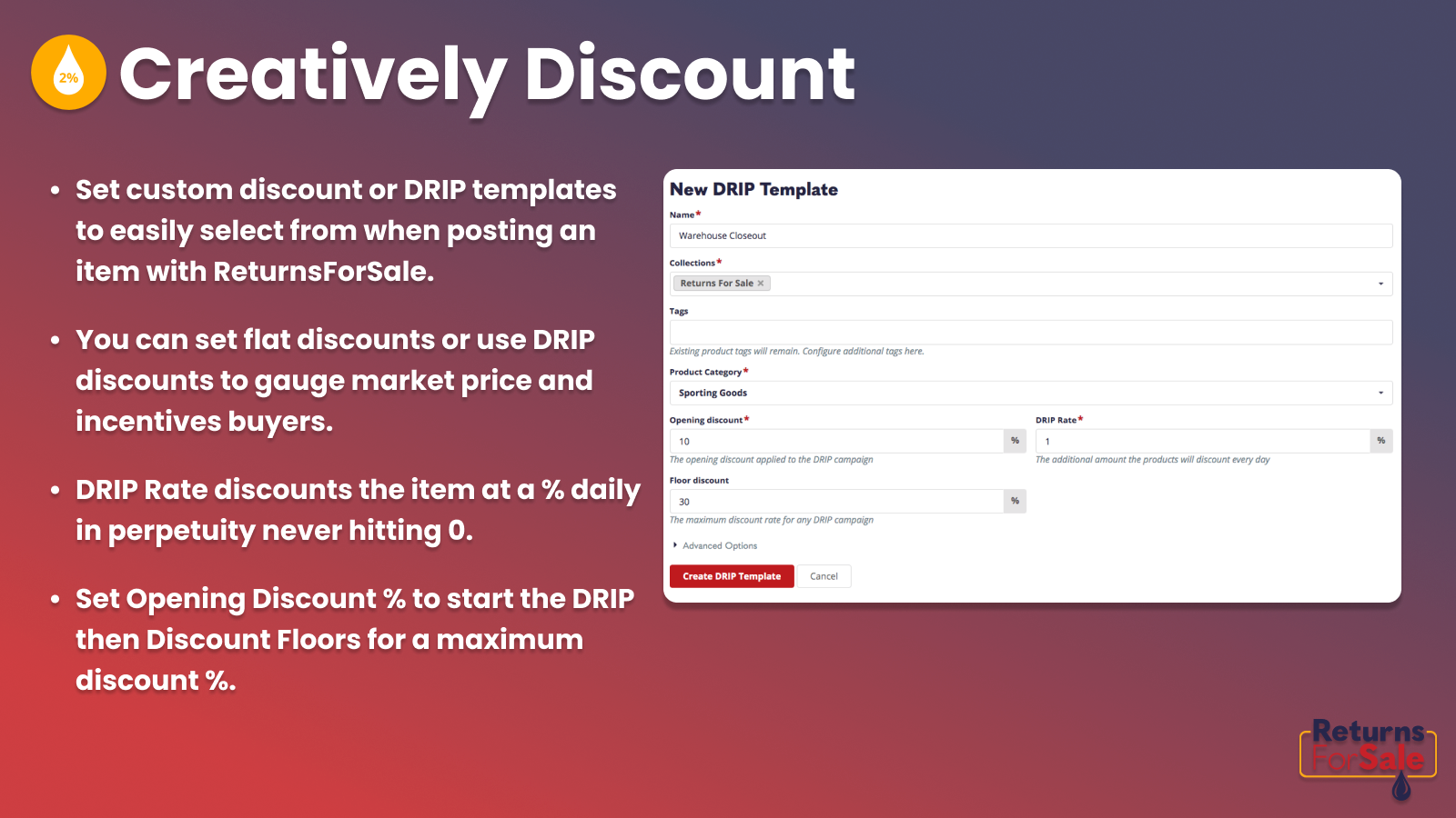 DRIP: Returns For Sale Widget Screenshot