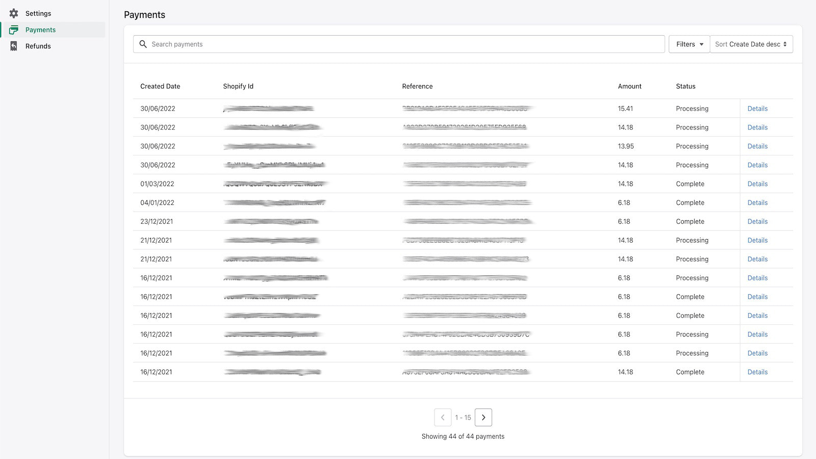 Lista de pagos en configuraciones