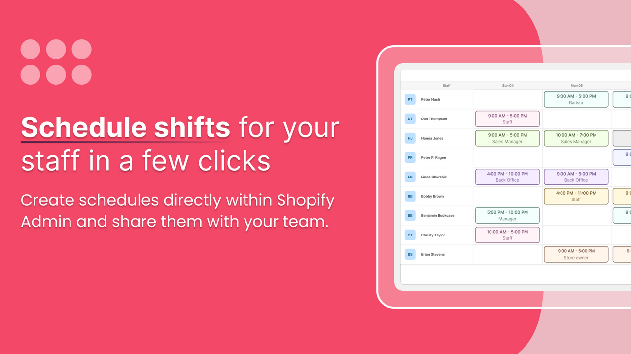 POS tidsplaner, Shopify POS skift, Shopify personale, shopify pos