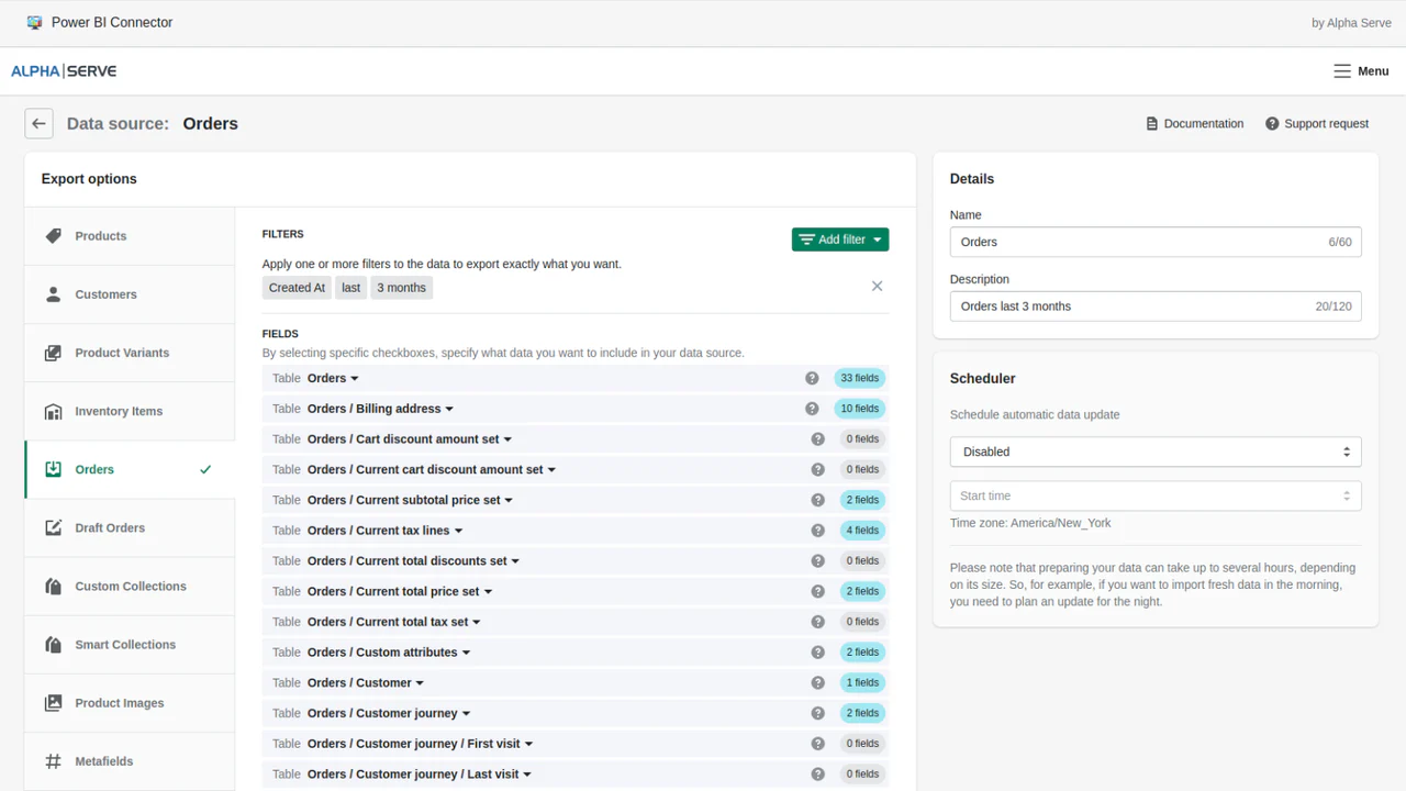 Selecione qualquer dado de pedidos para exportar do shopify para o power bi