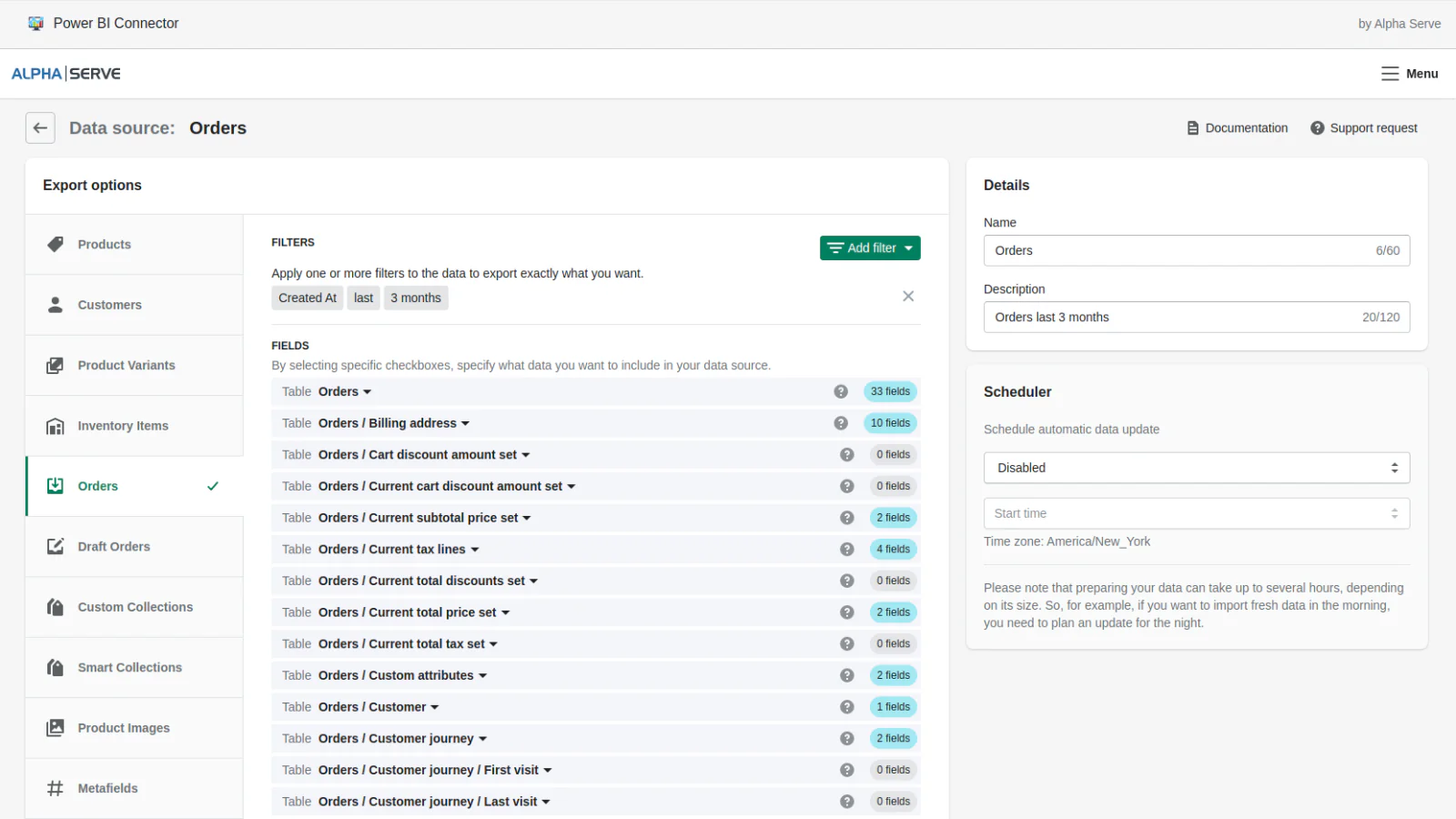 Selecciona cualquier dato de pedidos para exportar de Shopify a Power BI