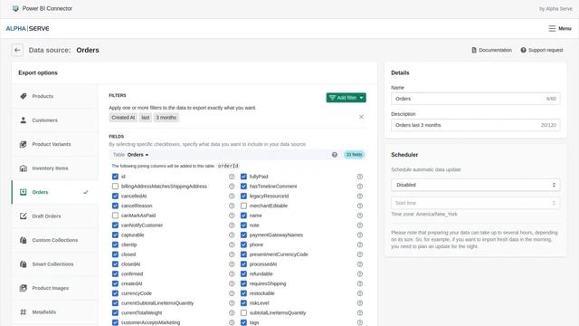 Selecciona cualquier dato de pedidos para exportar de Shopify a Power BI