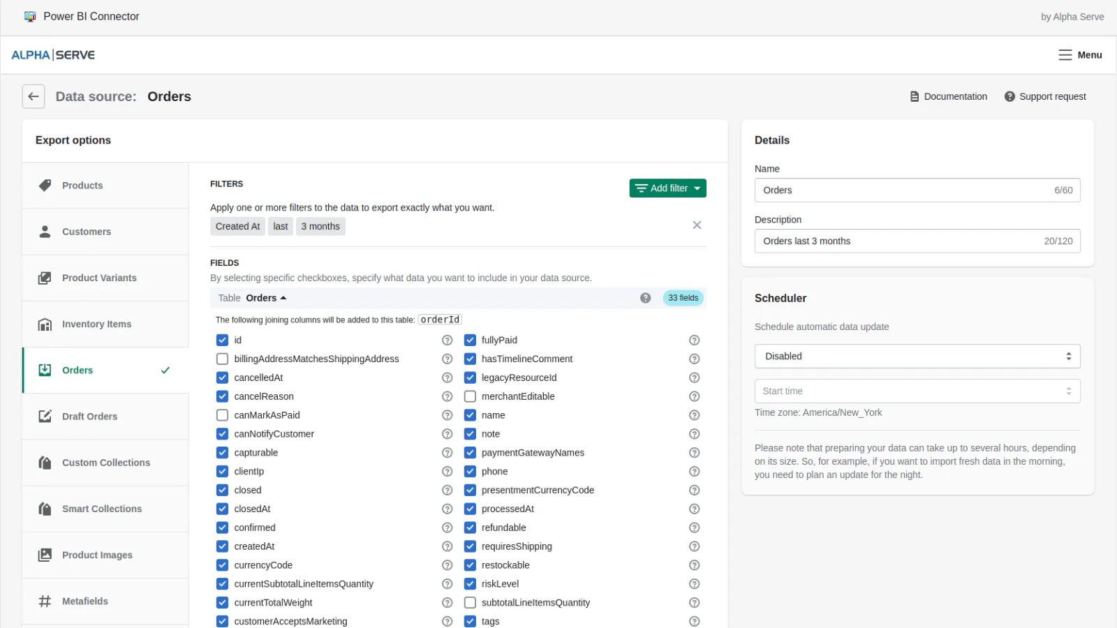 Sélectionnez n'importe quelle donnée de commande à exporter de Shopify vers Power BI