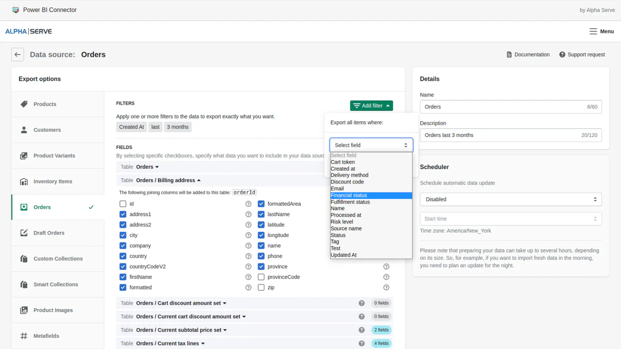 Filter alle bestelgegevens om te exporteren van shopify naar power bi