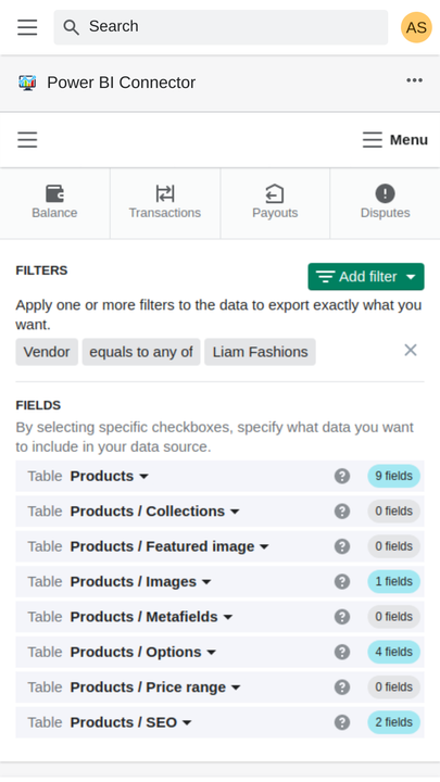 Välj vilka produkter data du vill exportera från shopify till power bi