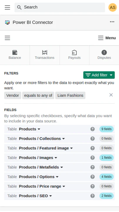 Selecione qualquer dado de produtos para exportar do shopify para o power bi