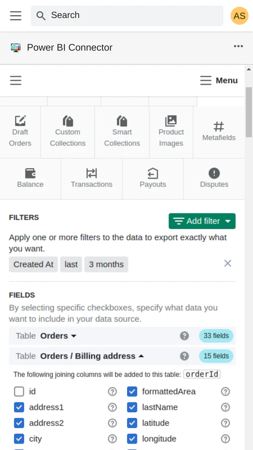 Select any orders data to export from shopify to power bi