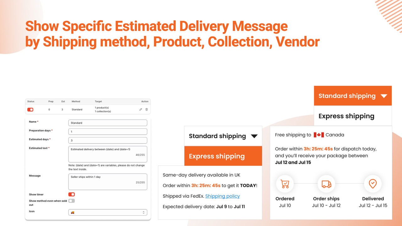 Mostrar mensaje de entrega estimada por método de envío, producto