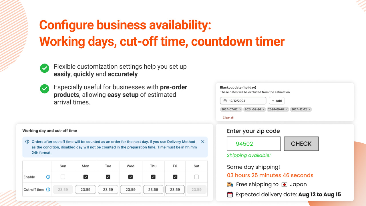 Konfigurieren Sie die Geschäftsverfügbarkeit: Arbeitstage, Countdown-Timer