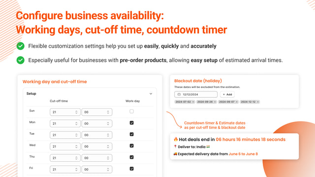 Configure business availability: Working days, countdown timer