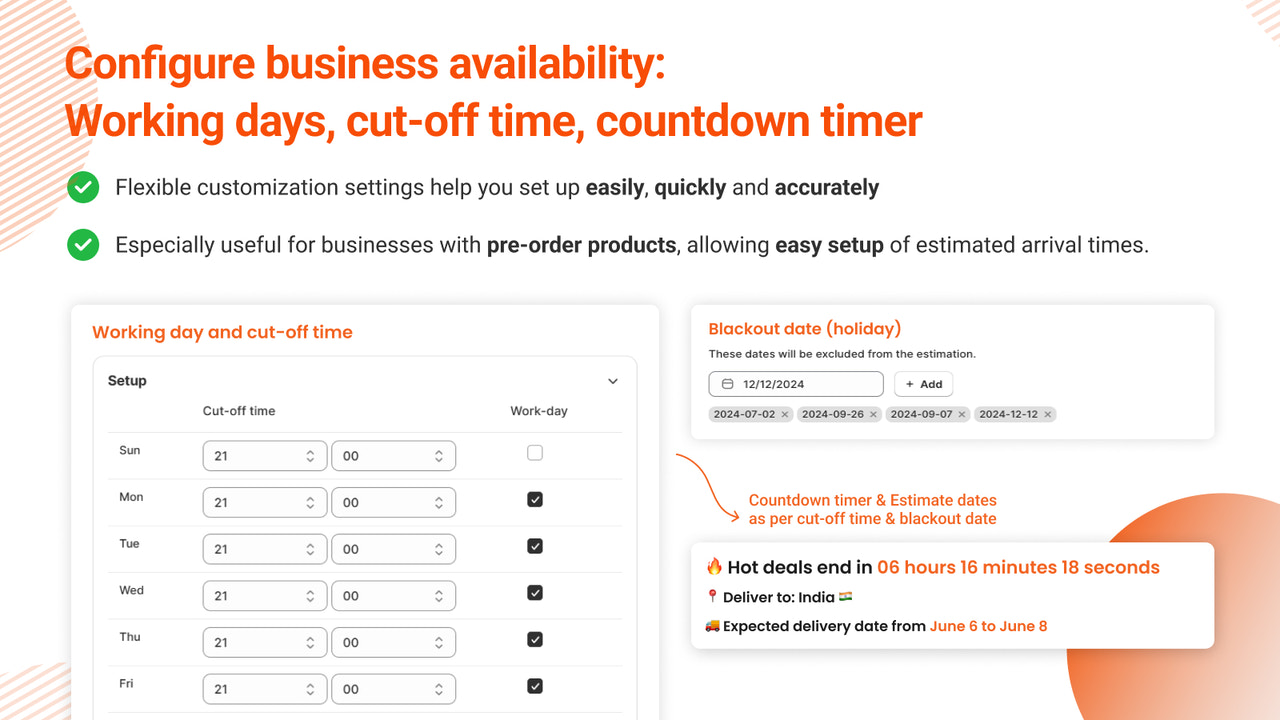 Konfigurieren Sie die Geschäftsverfügbarkeit: Arbeitstage, Countdown-Timer