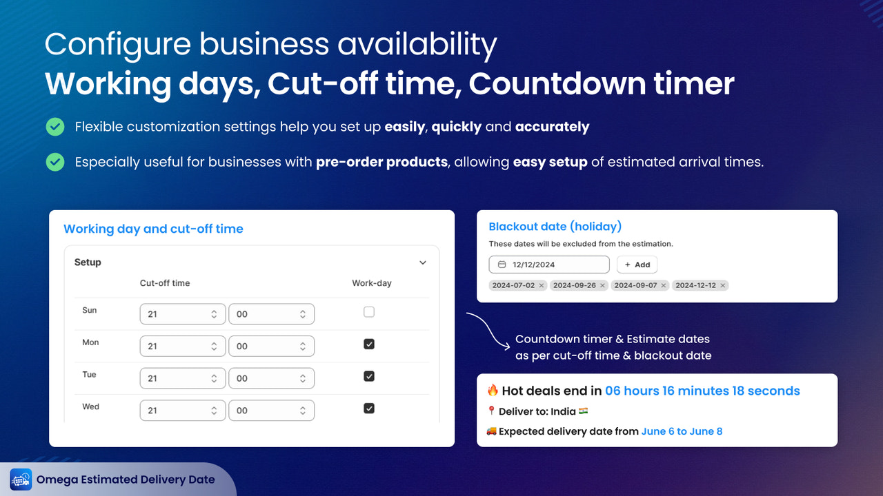 Konfigurieren der Geschäftsverfügbarkeit: Arbeitstage, Countdown-Timer