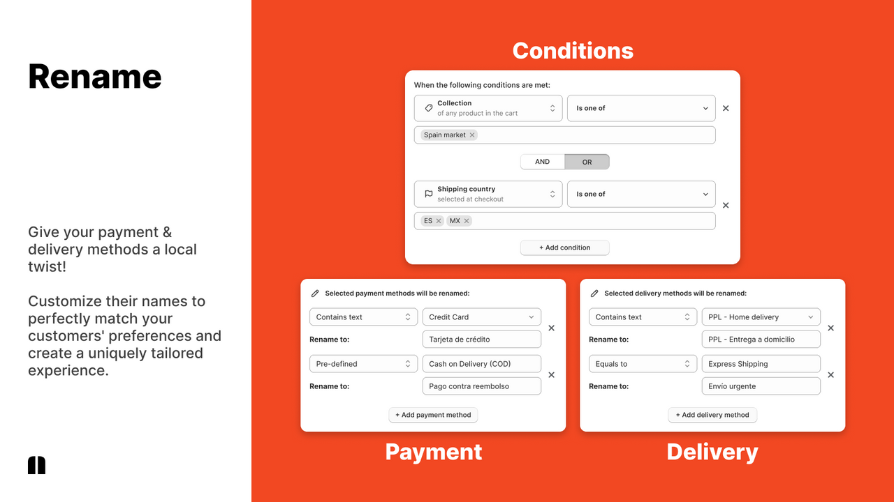 Payflow - Rename payment & delivery methods for localizations