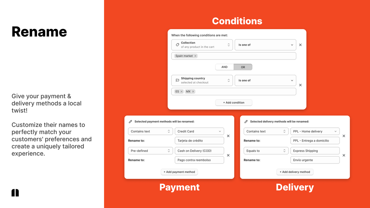 Payflow - Renombra métodos de pago y entrega para localizaciones